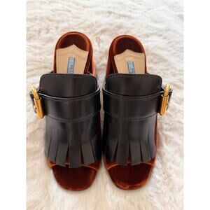 Prada Black/Brown Velvet and Leather Kiltie Mule Sandals